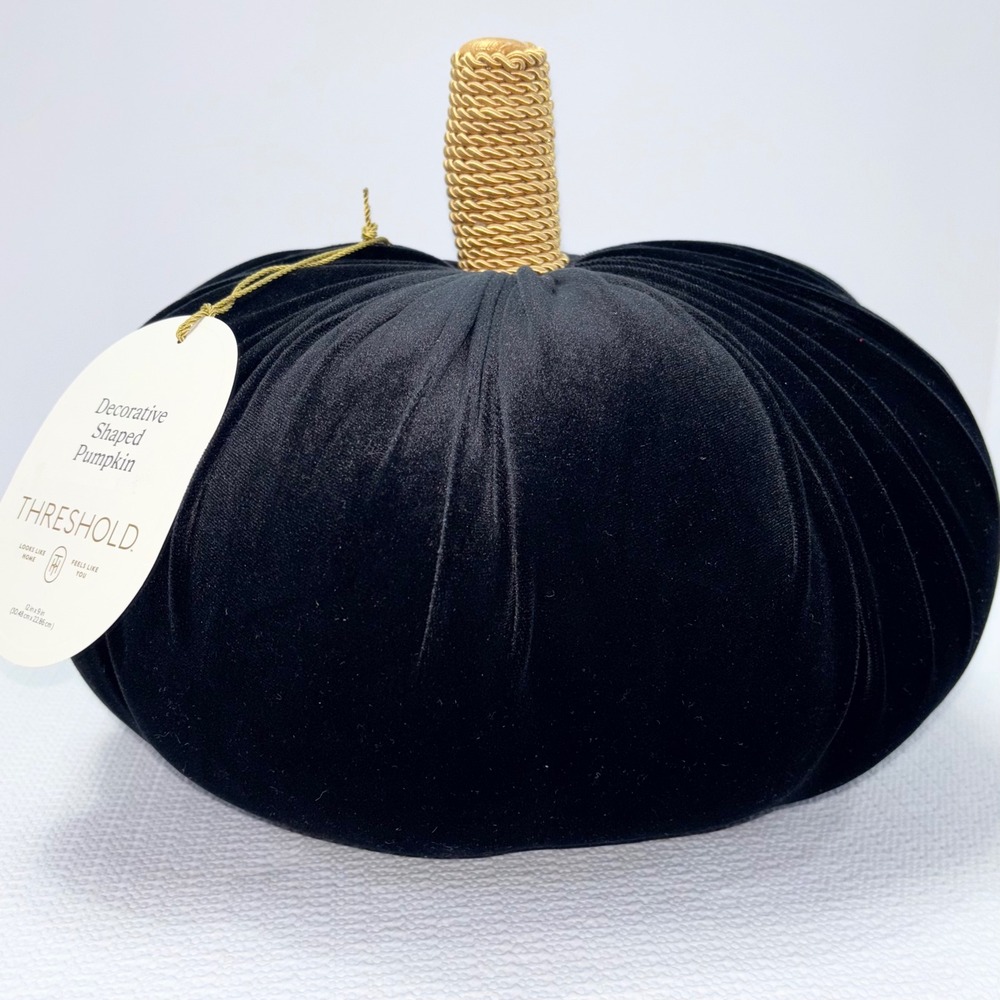 Velvet Pumpkin Decoration Black Pumpkin Gold Stem 12x9 Autumn Decor NWT